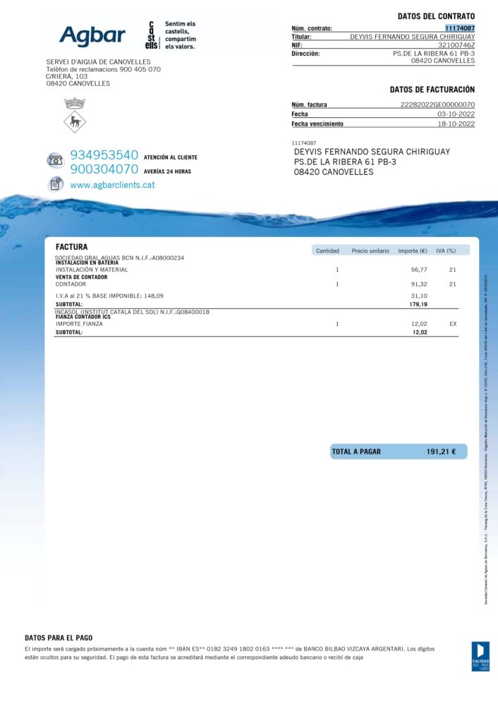 Spain Agbar Water Service Bill Template word And PDF Template