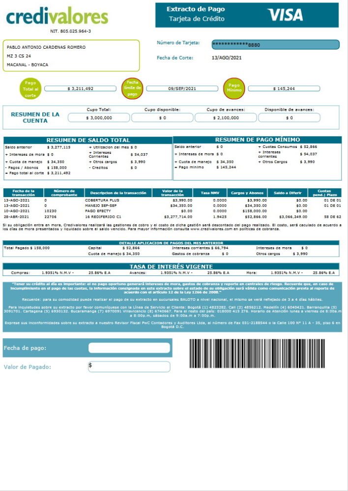 Spain Credivalores Visa Statement Template in Word And PDF Format