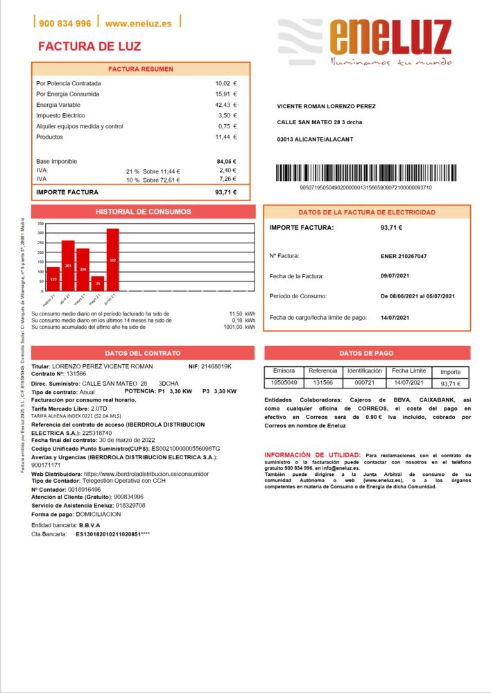 Spain Eneluz Electricity Utility Bill Word And PDF Template 2 Pages