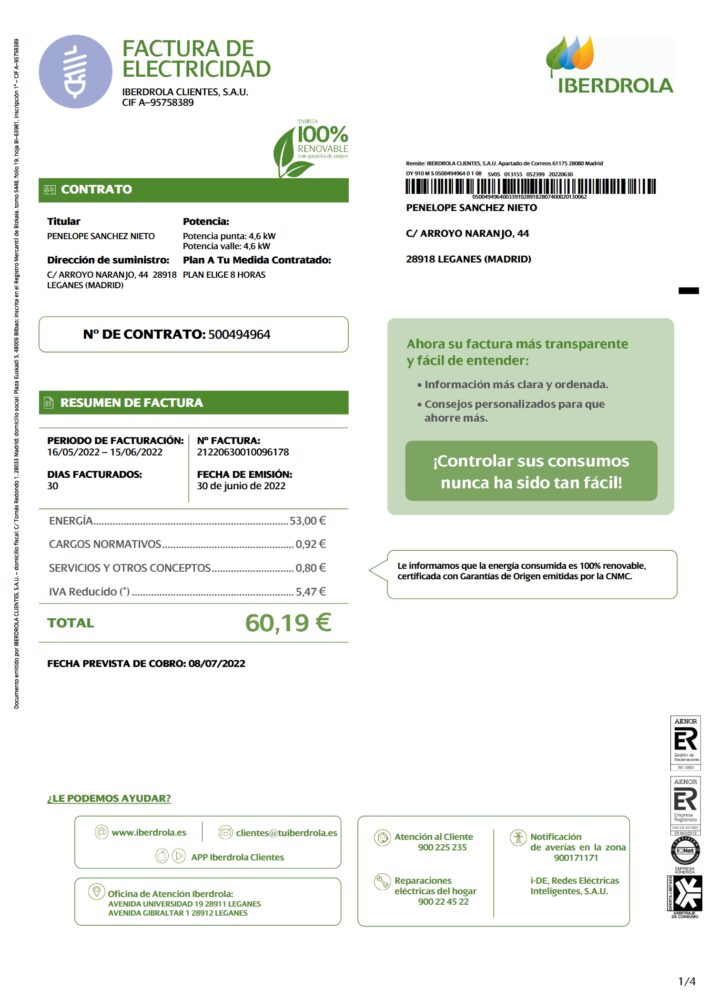 Spain Iberdrola Electricity Bill word And PDF Template 4 Pages