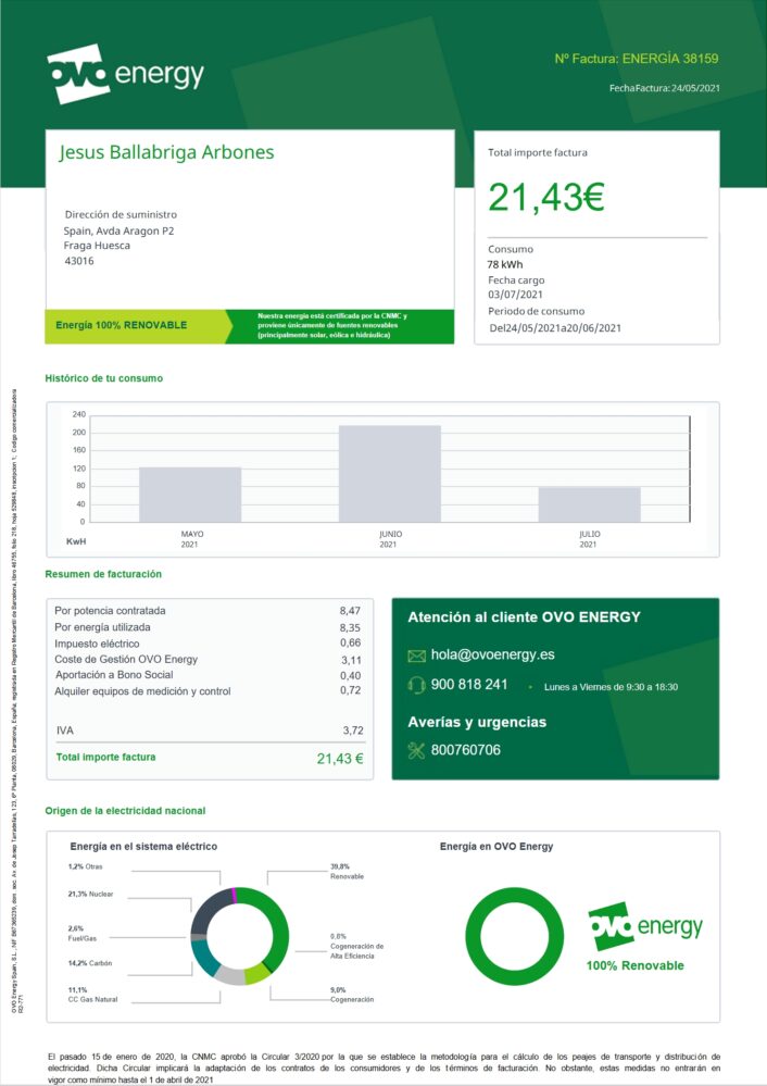Spain OVO Energy Utility Bill Word And PDF Template 2 Pages