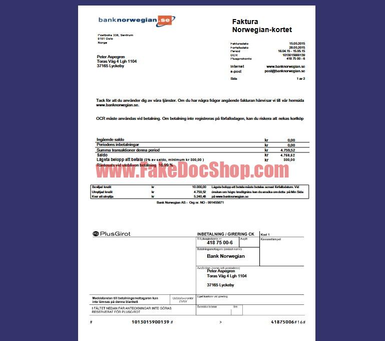 Sweden Bank Norwegian Bank Statement Template in word and pdf format