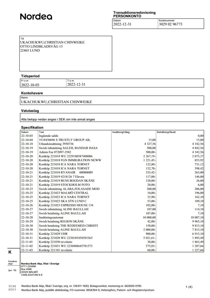 Sweden Nordea Bank Statement Word And PDF Template