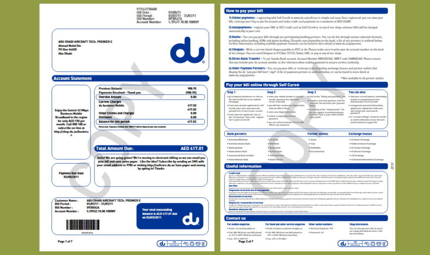 UAE du Business Mobile Utility Bill Template