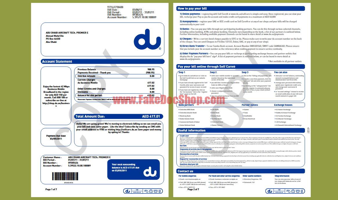 UAE du Business Mobile Utility Bill Template
