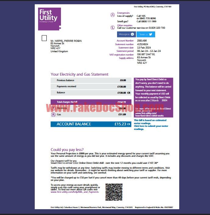 UK FirstUtility Gas Bill Template in Word And PDF Format