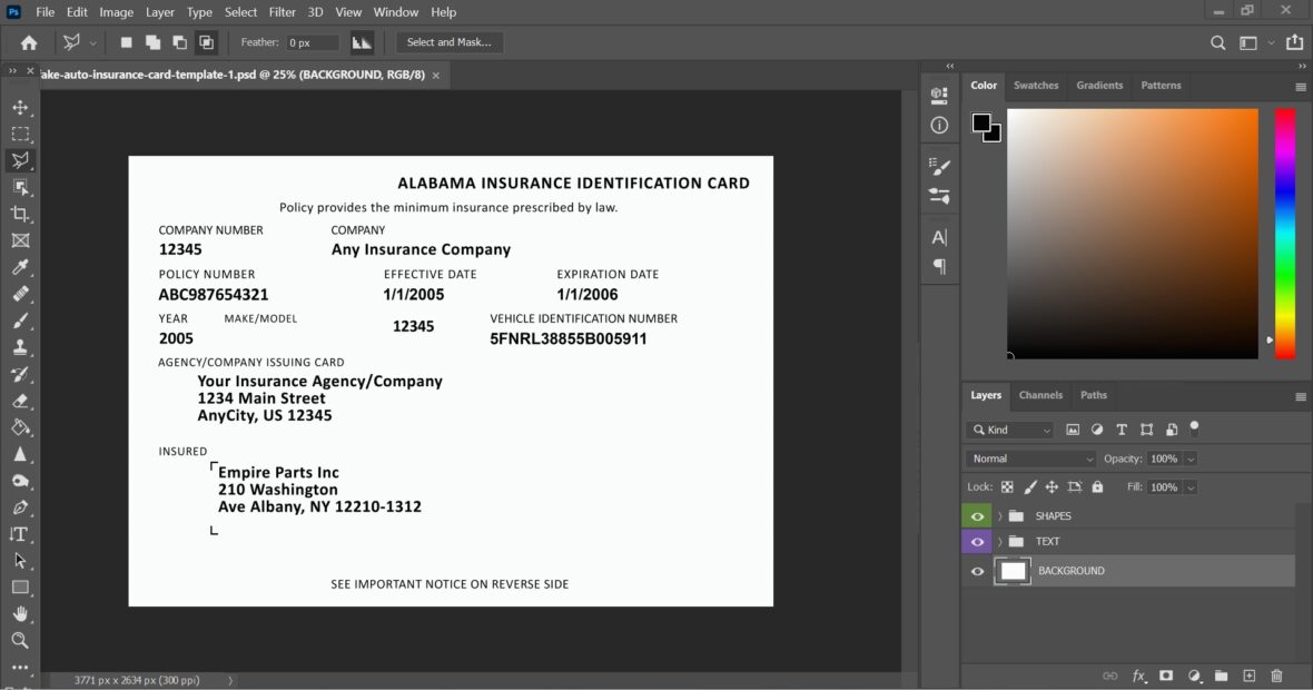 Alabama Insurance Identification Card PSD Template