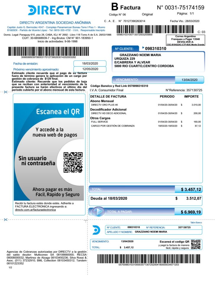 Argentina DIRECTV Utility Bill Word And PDF Template 5 Pages