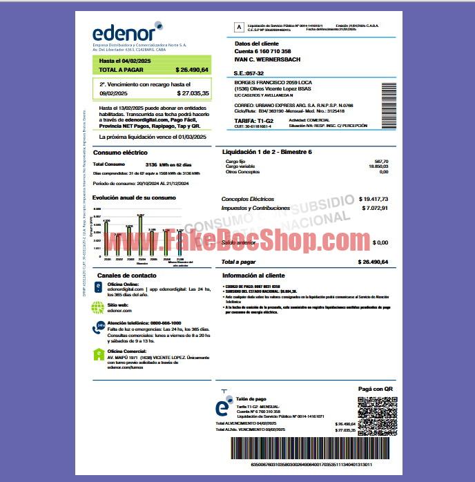 Argentina EDENOR Invoice template in Word and PDF format
