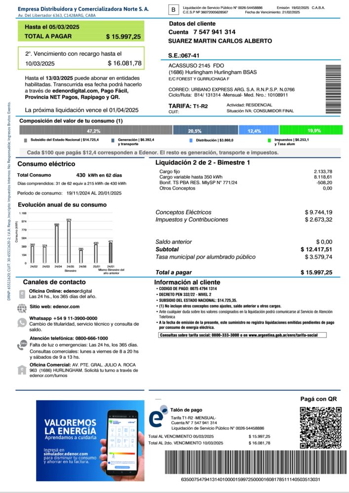 Argentina Edenor Electricity Bill Word And PDF Template 2 Pages