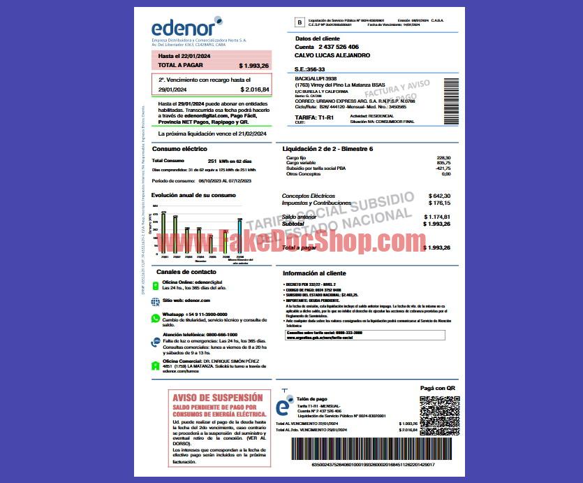 Argentina Edenor Utility Bill Template in word and pdf format