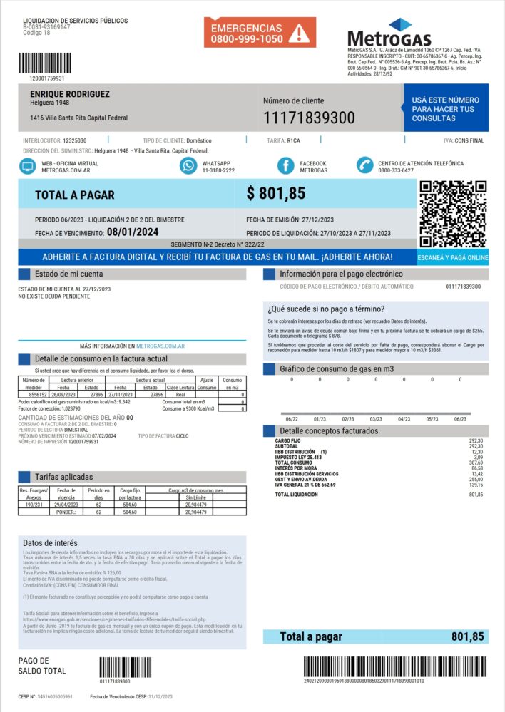 Argentina MetroGAS Natural Gas Bill Word And PDF Template