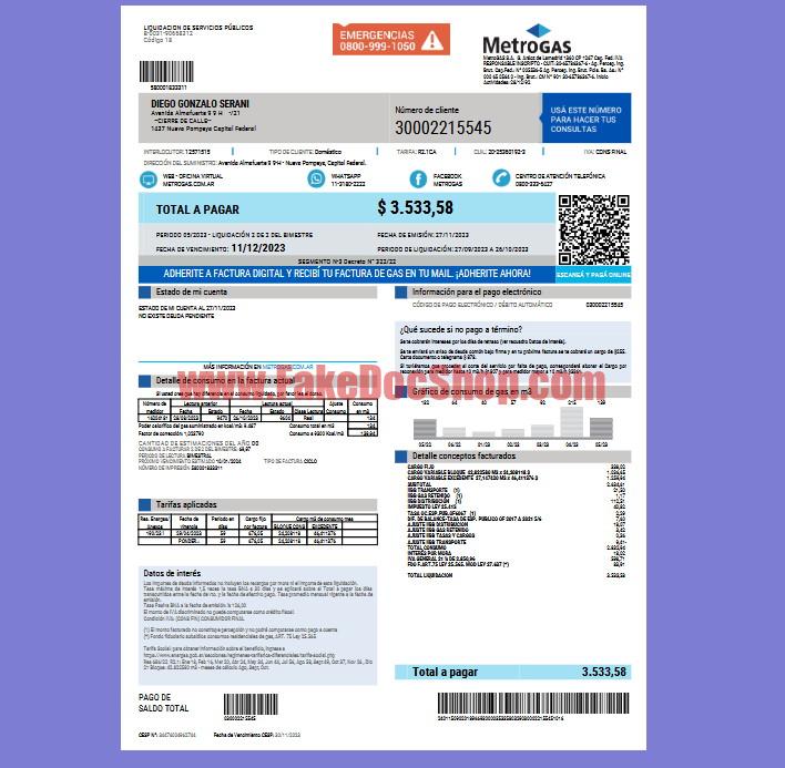Argentina MetroGAS Utility Bill In Word And PDF Format
