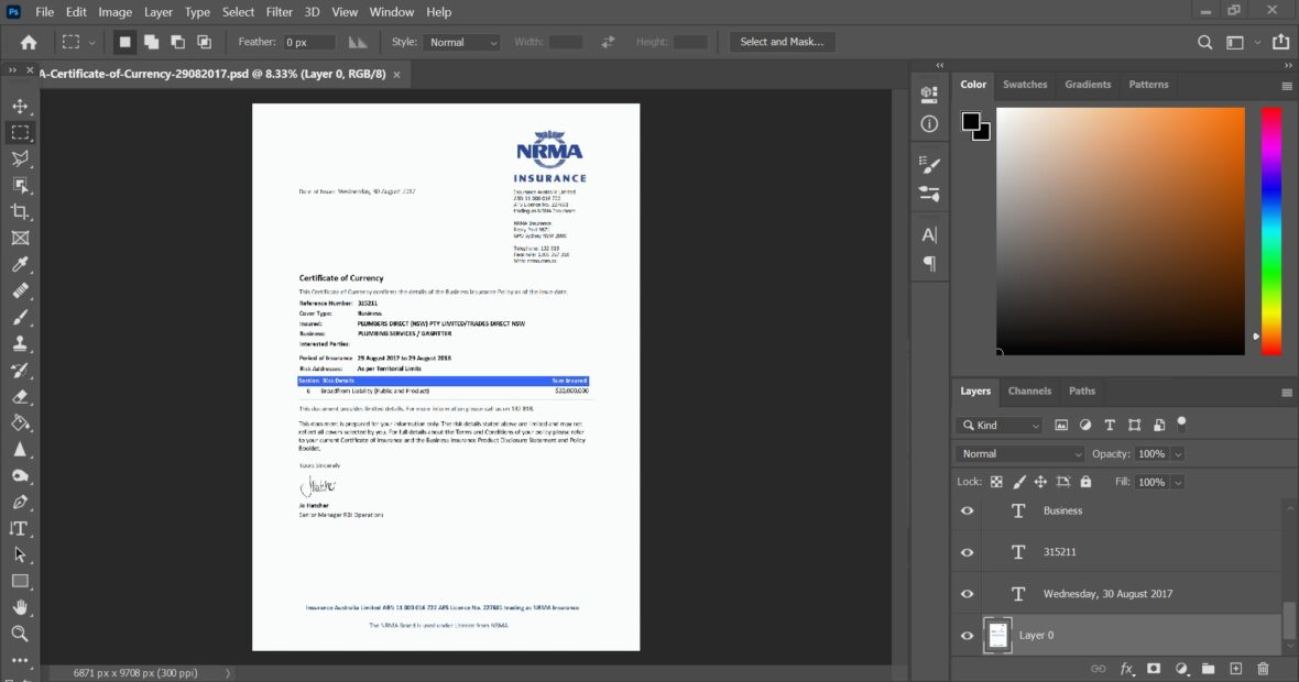 Australia NRMA Business Insurance Certificate of Currency PSD Template