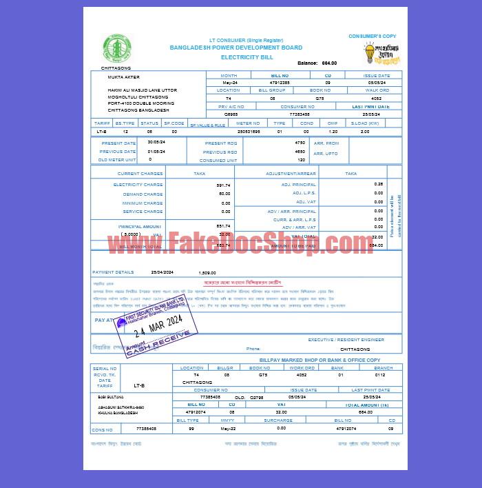 Bangladesh Power Development Board Electricity Bill template