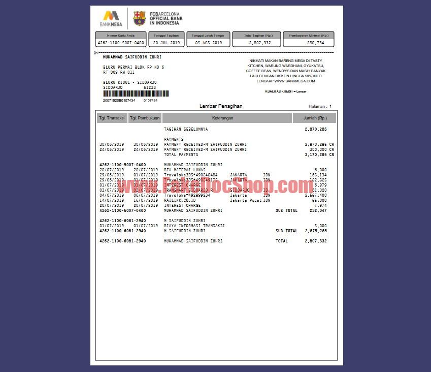 Bank Mega Credit Card Statement Template Indonesia in Word and PDF Format
