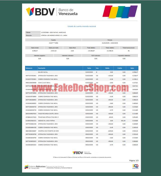 Colombia BDV Bank Account Statement template in Word and PDF format