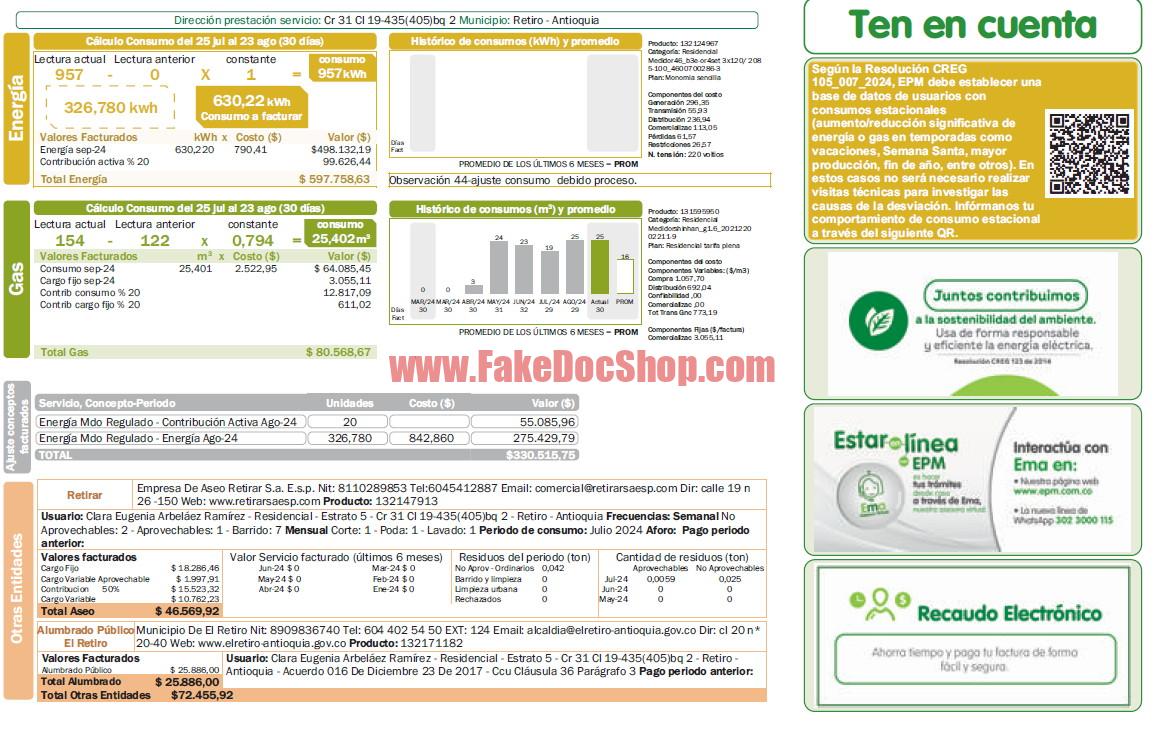 Colombia E.S.P. (EPM) electricity Utility Bill Template in word and pdf format