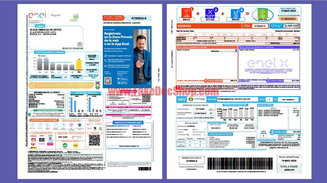 Colombia Enel Utility Bill Template in Word and PDF Format