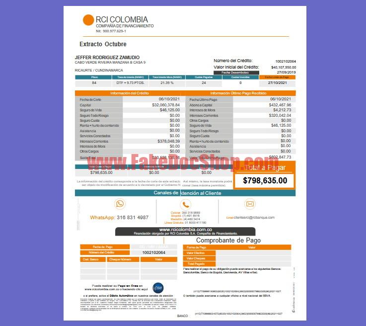 Colombia RCI Credit Extract in Word and PDF Format
