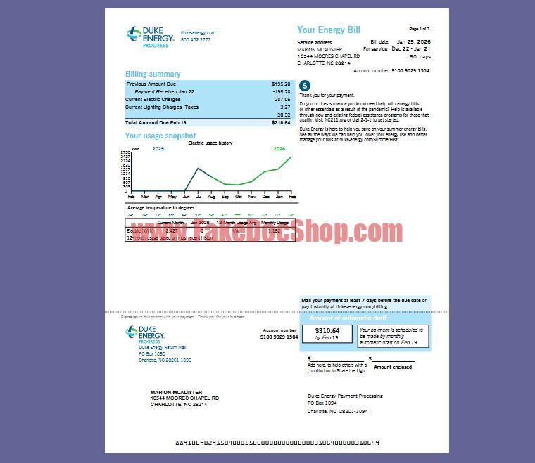 Duke Energy Bill template in Word and PDF format (V2026)