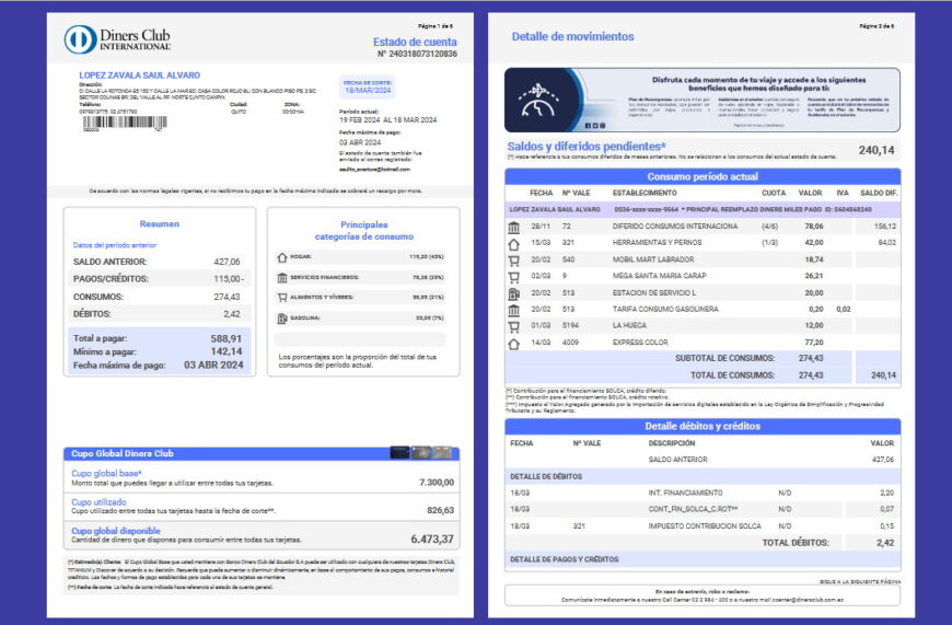 Ecuador Diners Club Account Statement Template in Word and PDF Format