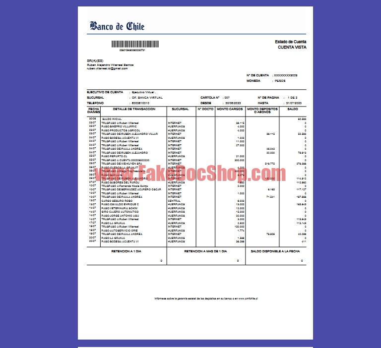 Estado de Cuenta Banco de Chile (EJECUTIVO DE CUENTA) in PDF Format
