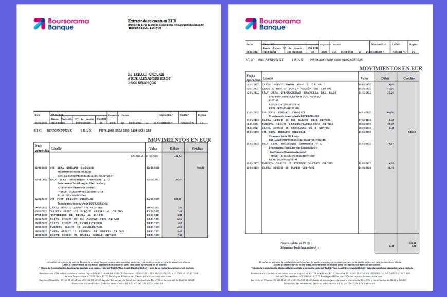 France Boursorama Banque Account Statement template