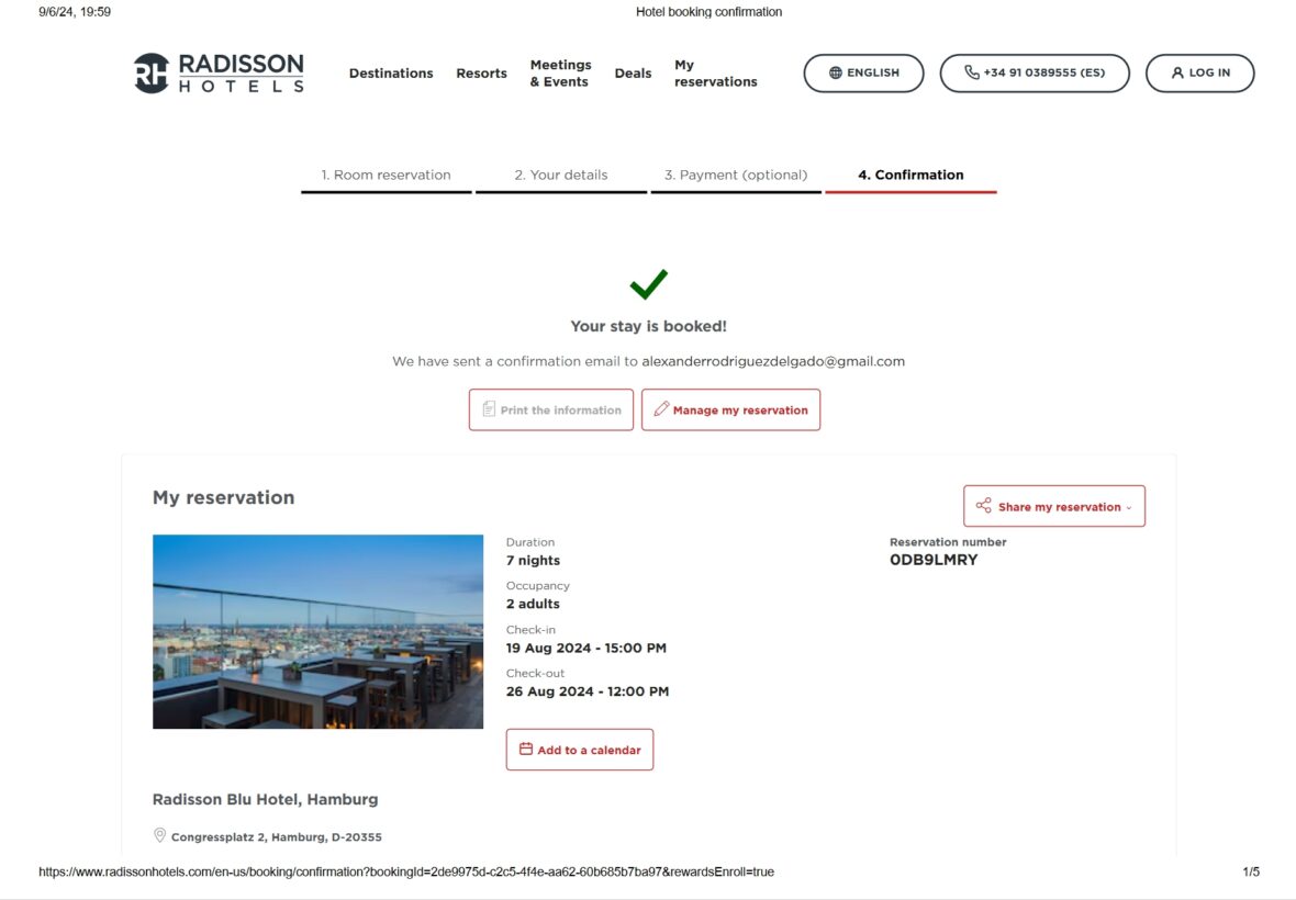 Germany Radisson Hotel Booking Confirmation Word And PDF Template