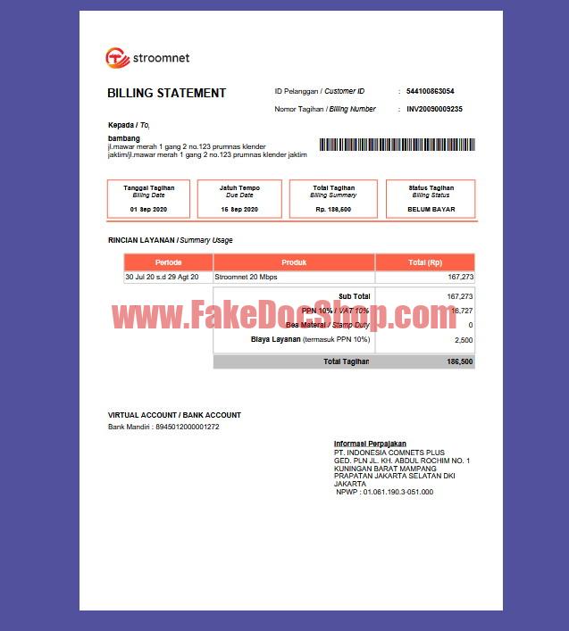 INDONESIA Internet Billing Statement Template in word and pdf format