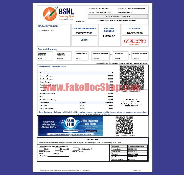 India BSNL Telephone Bill template in word and pdf format