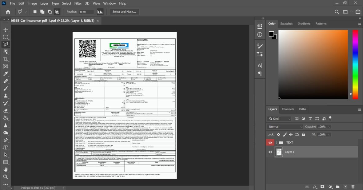 India IFFCO TOKIO Private Car Certificate of Insurance PSD Template
