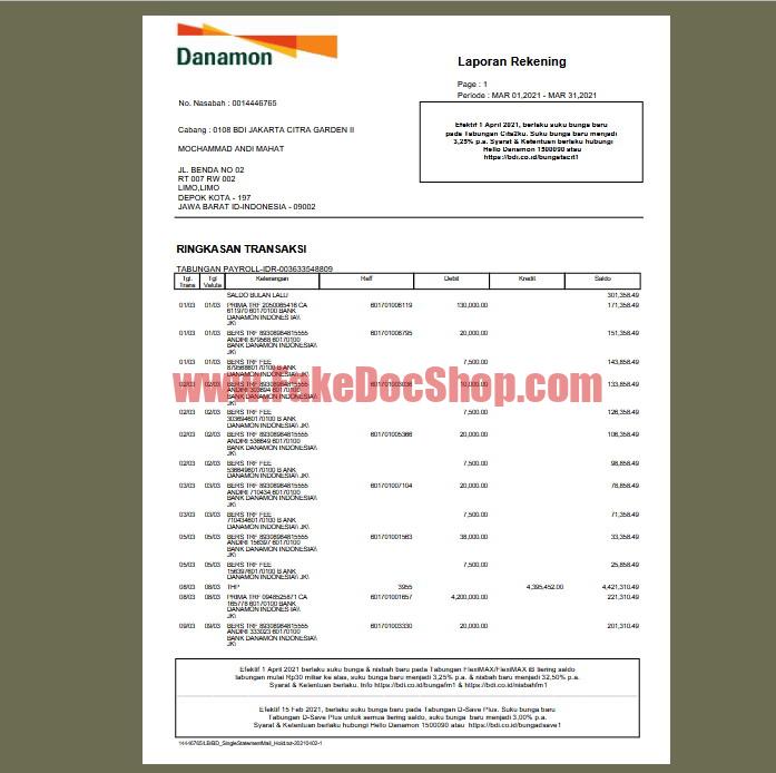 Indonesia BankDanamon Tabungan Payroll – Rekening Koran template in Word and PDF Format