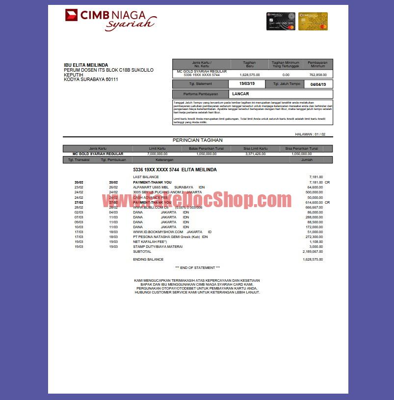 Indonesia CIBIM Niaga Credit Card Statement Template in word and pdf format