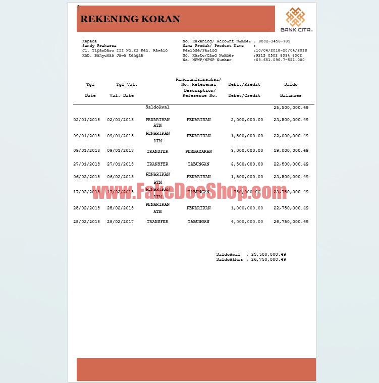 Indonesian Bank Account Statement Template