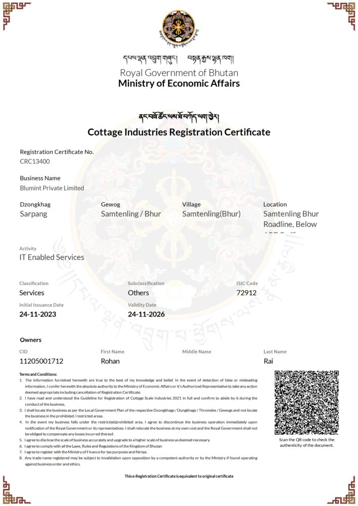 Italy Blumint Private Limited Cottage Industries Registration Certificate Word And PDF Template