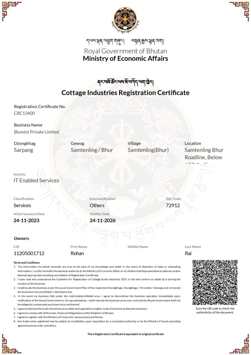 Italy Blumint Private Limited Cottage Industries Registration Certificate Word And PDF Template