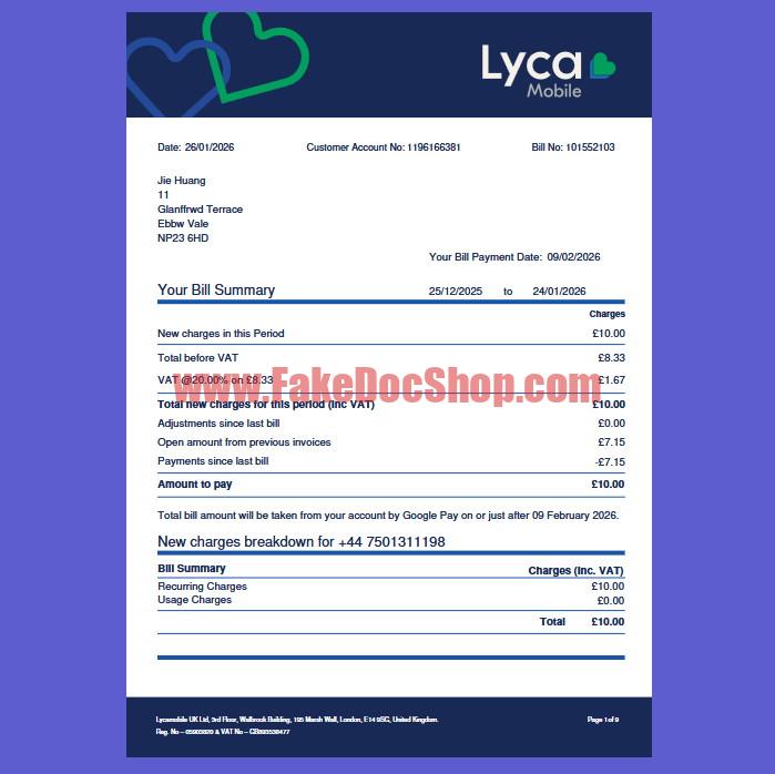 Lycamobile UK Bill Template V2026 in Word and PDF Format