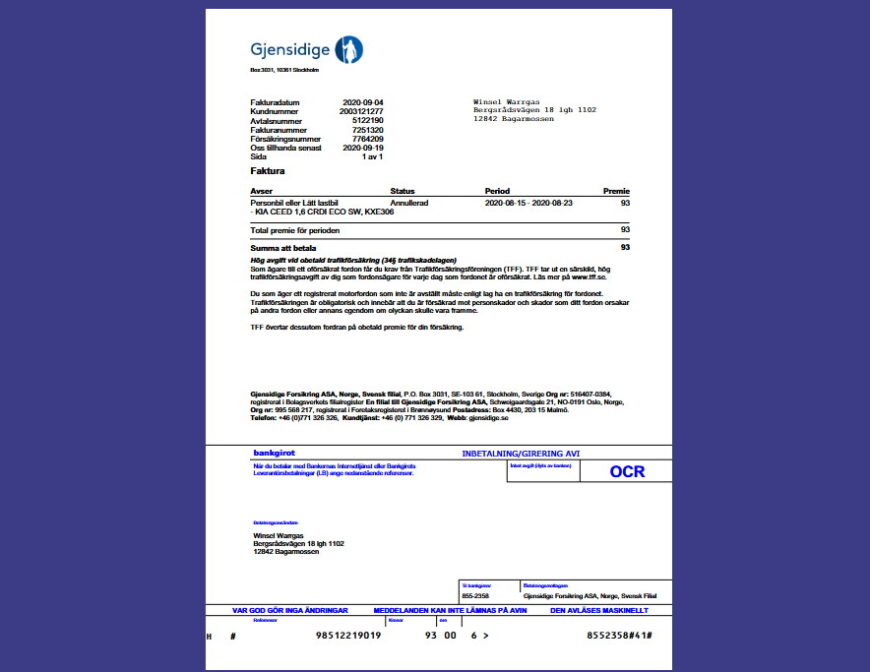 Norway–Sweden Gjensidige Insurance Invoice Template