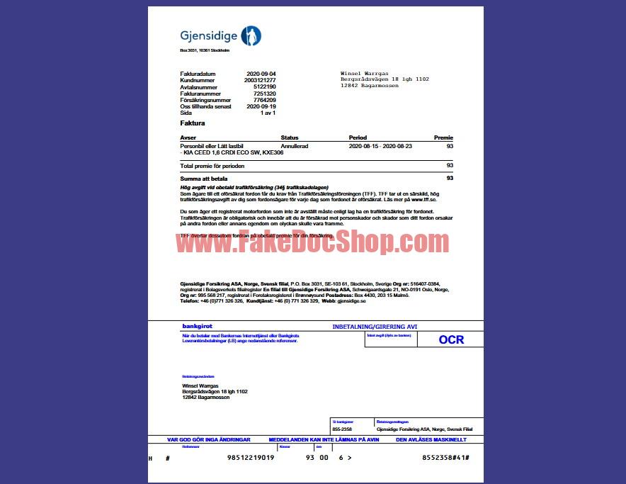 Norway–Sweden Gjensidige Insurance Invoice Template