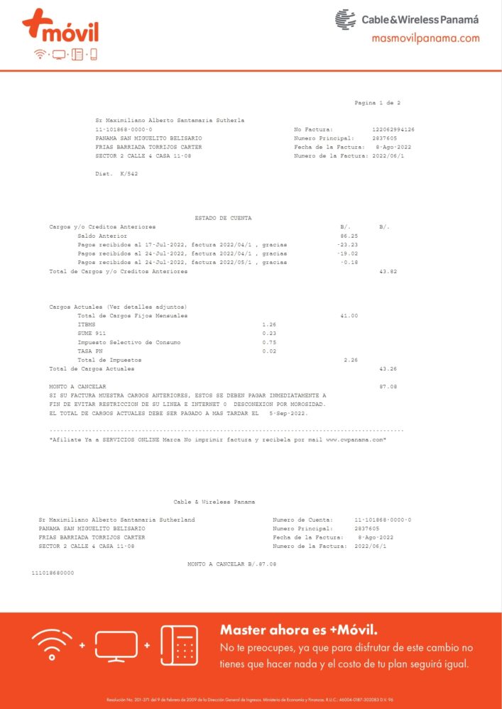 Panama Cable Wireless Panama S.A. Utility Bill Word And PDF Template 2 Pages