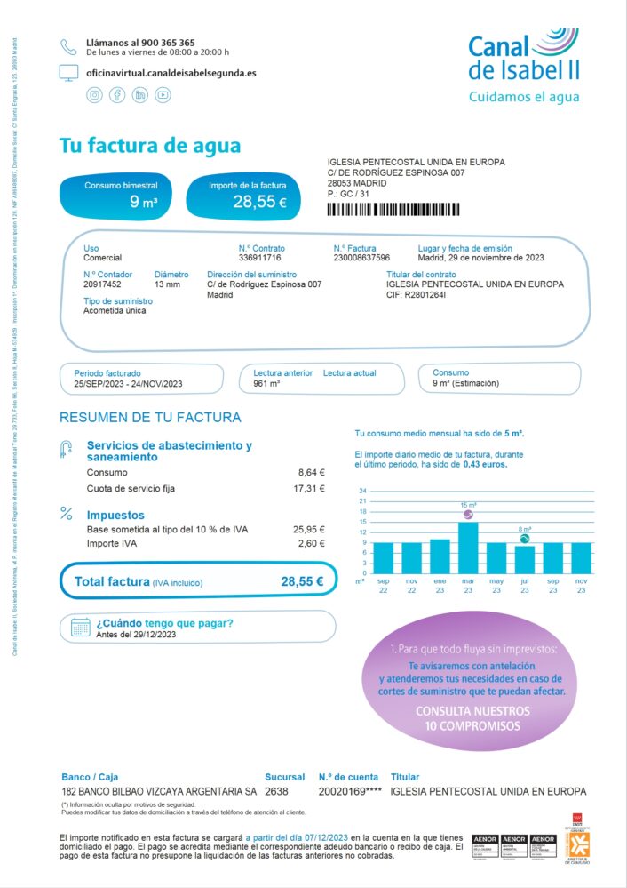 Spain Canal de Isabel II Water Bill Word And PDF Template 2 Pages