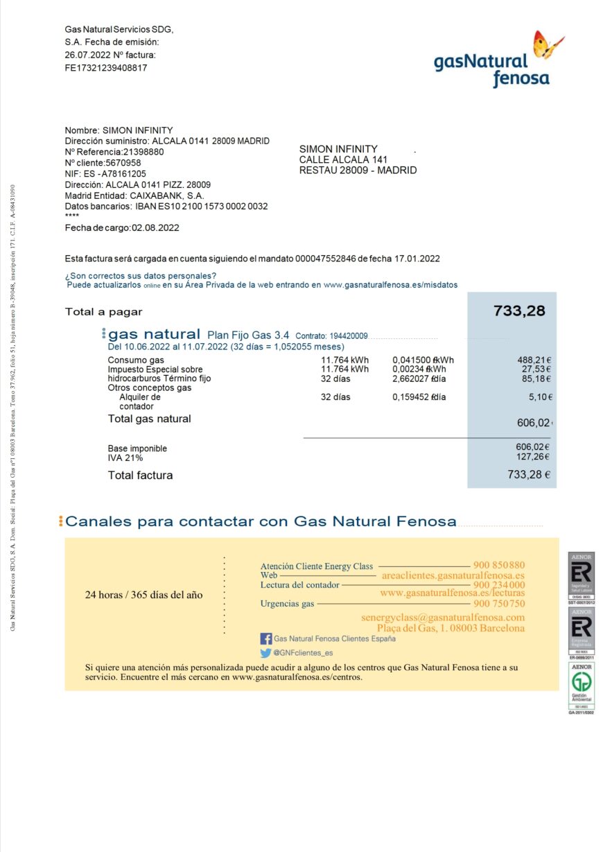 Spain Gas Natural Fenosa Naturgy Bill Summary Word And PDF Template 2 Pages