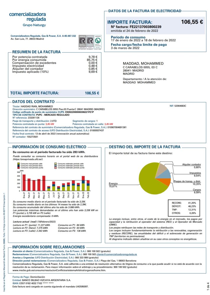 Spain Naturgy Comercializadora Regulada Electricity Bill Word And PDF Template 4 Pages