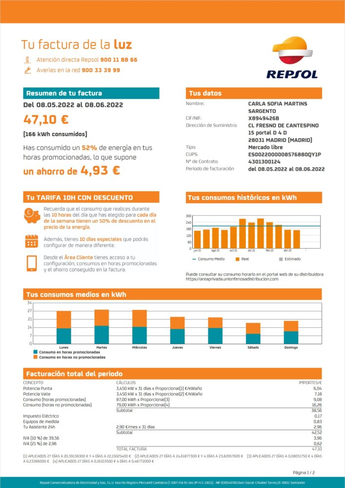 Spain Repsol Electricity Utility Bill Word And PDF Template