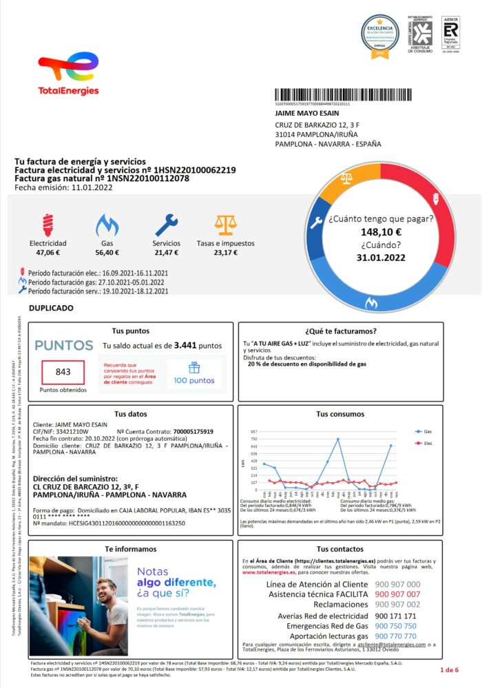 Spain TotalEnergies Electricity and Gas Bill Word And PDF Template 6 Pages