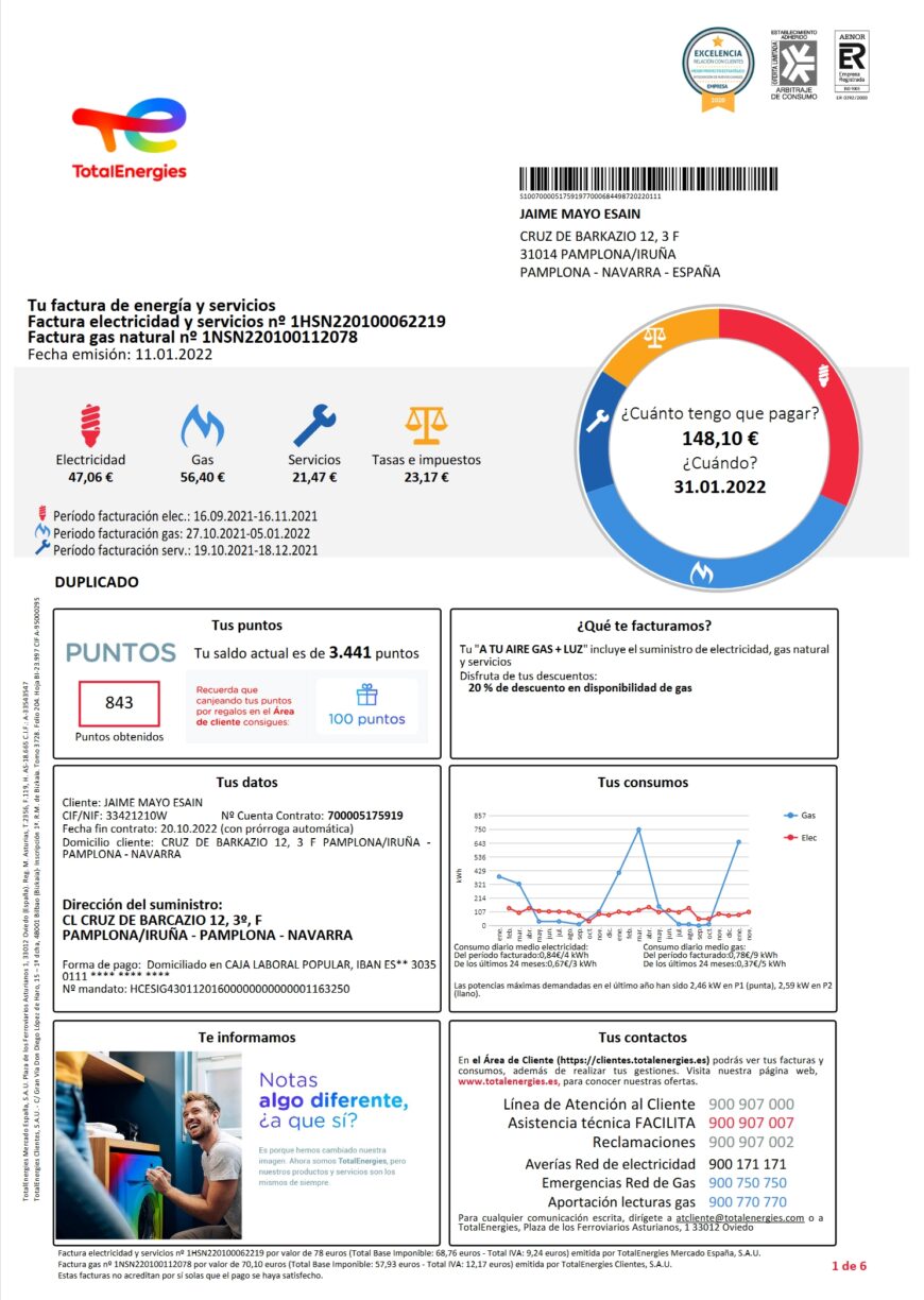 Spain TotalEnergies Electricity and Gas Bill Word And PDF Template 6 Pages