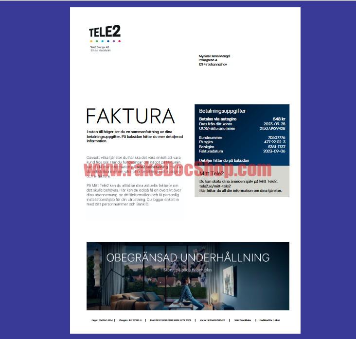 Stockholm TELE2 Utility Bill Template in Word And PDF Format