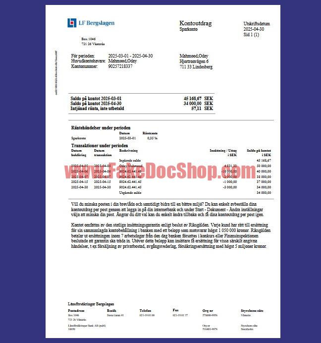 Sweden Länsförsäkringar Bank AB Kontoutdrag template in Word and PDF Format
