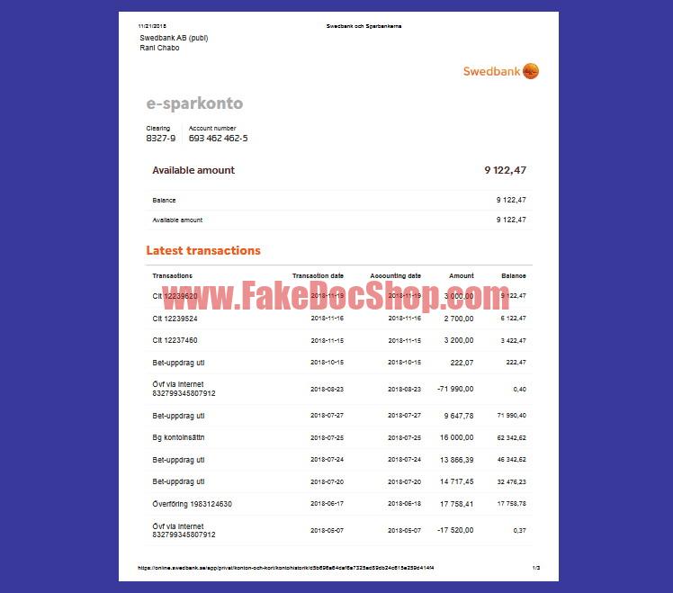 Sweden Swedbank Account Statement template in Word and PDF format